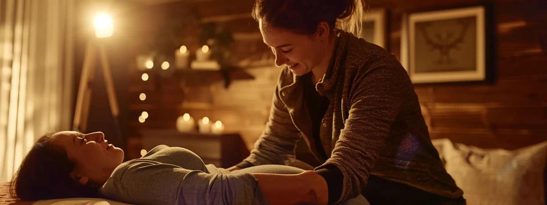 a pregnant woman receiving a gentle chiropractic adjustment, surrounded by a calming and supportive environment.