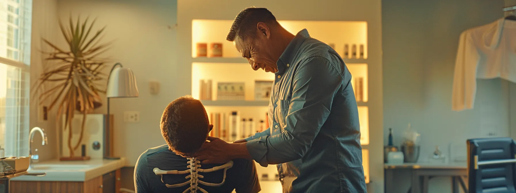 a chiropractor gently aligning a patient's spine, with focused precision and care, in a serene, well-lit treatment room.