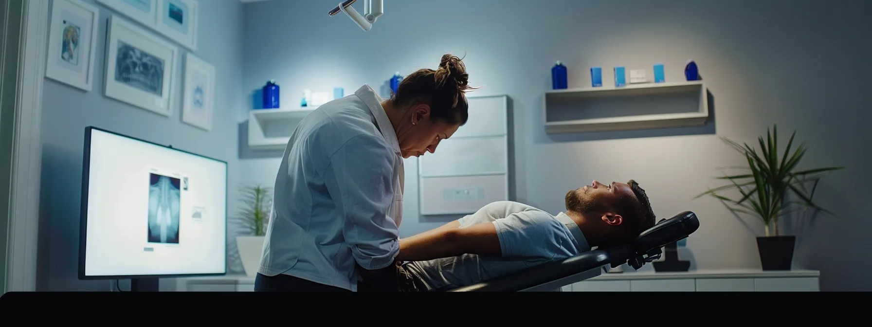 a patient receiving a personalized chiropractic adjustment from a qualified and experienced chiropractor in a serene, well-equipped office setting.