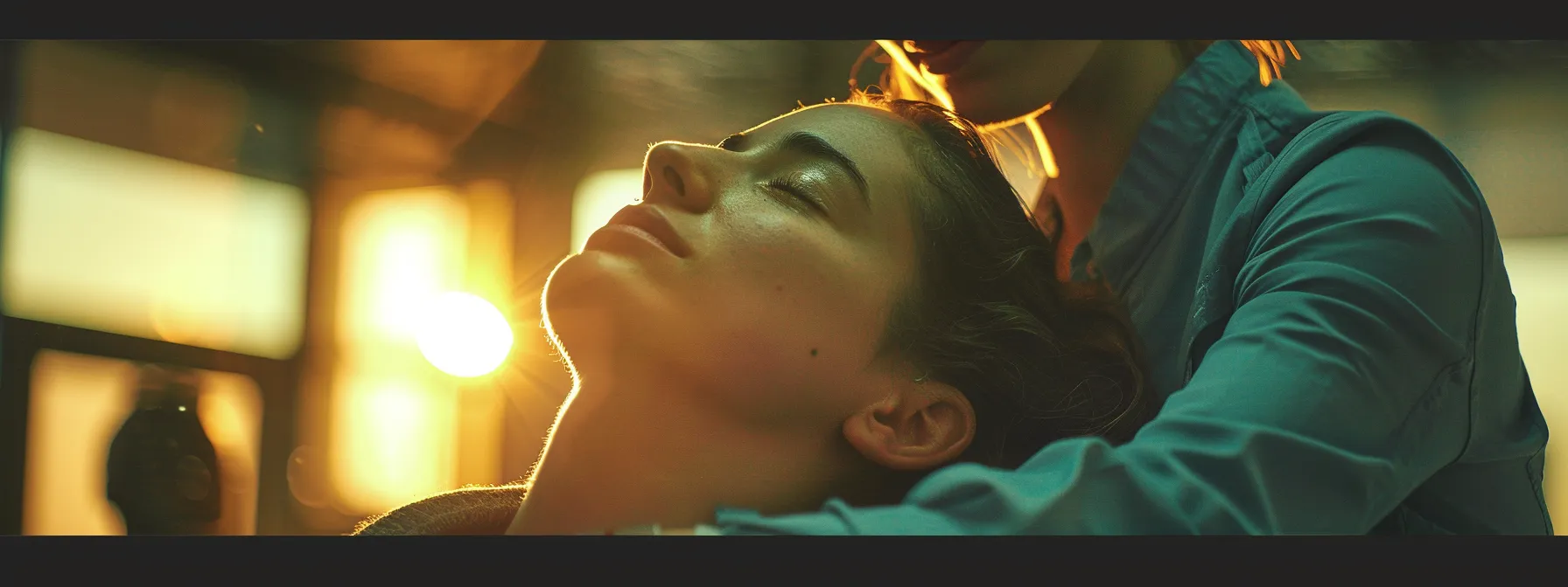 a person receiving a spinal adjustment, looking relaxed and relieved, with a peaceful expression on their face, surrounded by a calming atmosphere.