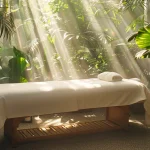 a serene, sunlit room with a plush massage table surrounded by lush green plants.