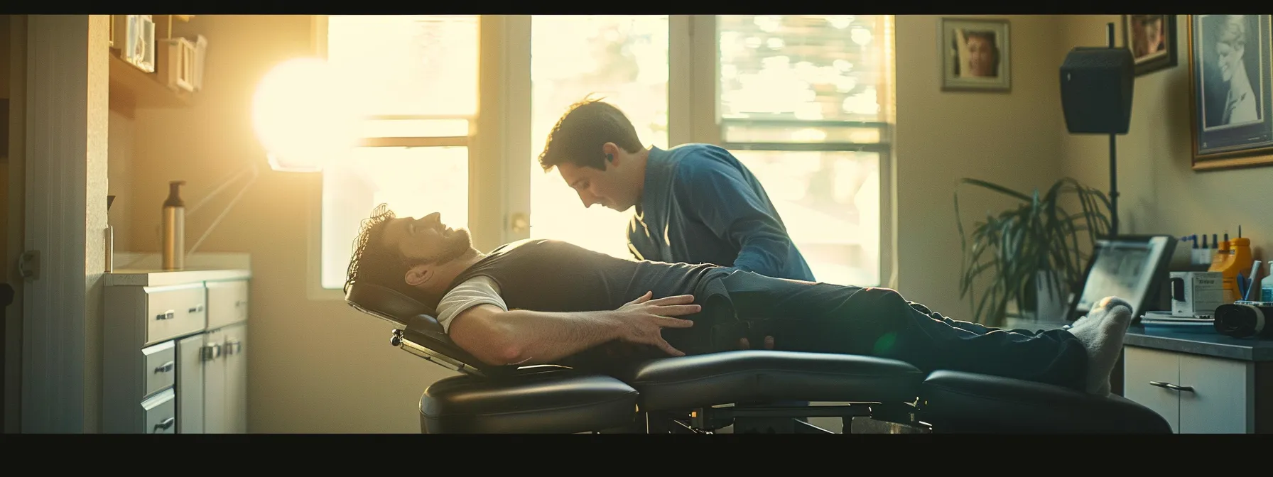 a person receiving a spinal adjustment from a qualified chiropractor in a peaceful, well-lit office setting.