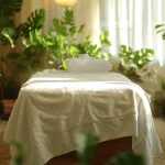 a serene and peaceful room with soft lighting, green plants, and a comfortable massage table at the center, inviting relaxation and healing at better health chiro.