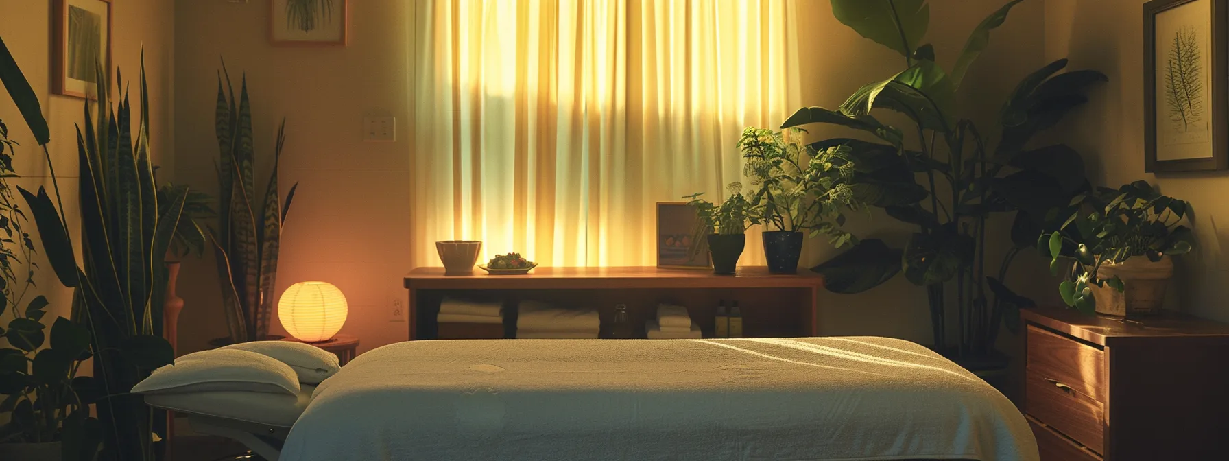 a serene massage room with calming earth tones, soft lighting, and a chiropractic adjustment table in the background, symbolizing the holistic approach to health and healing through massage therapy and chiropractic care.