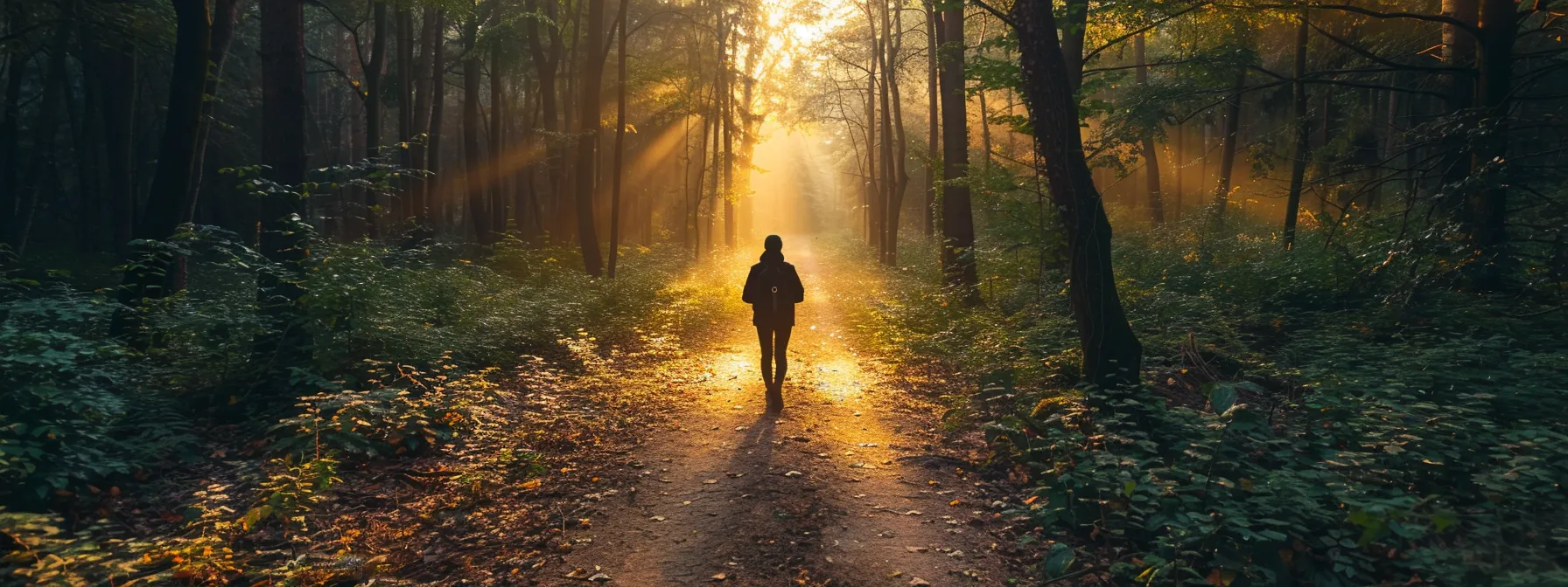 a person confidently walking through a peaceful forest path, symbolizing the first step towards a pain-free life.