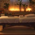 a serene room with a massage table surrounded by soothing candles and relaxing music, with a chiropractic adjustment tool laying nearby.