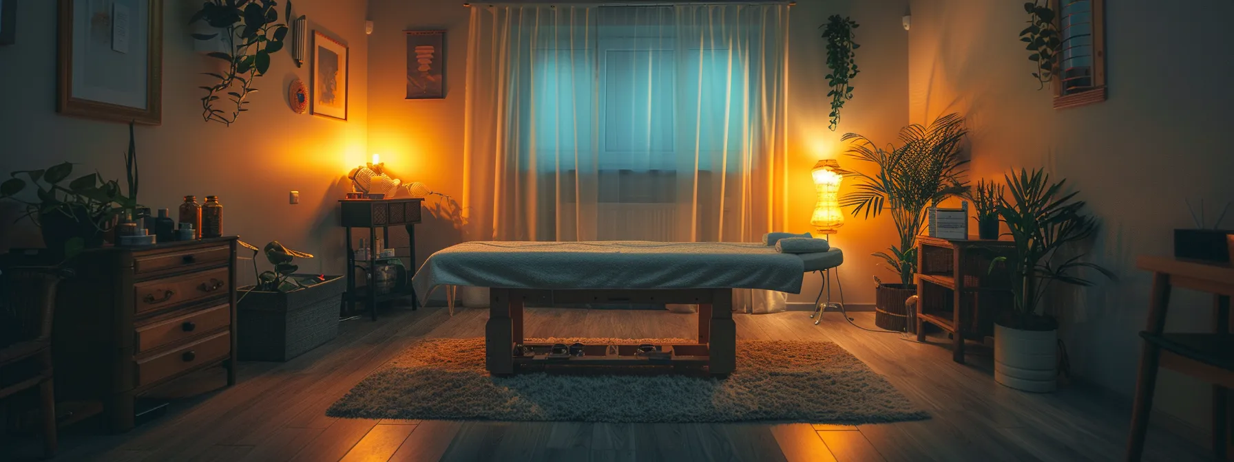 a serene room with a massage table and chiropractic tools, surrounded by calming essential oils and soothing music, creating a tranquil space for combined treatments.