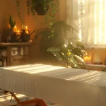 a serene room with a chiropractic table surrounded by calming massage oils and lotions, creating a soothing atmosphere for integrated therapy.