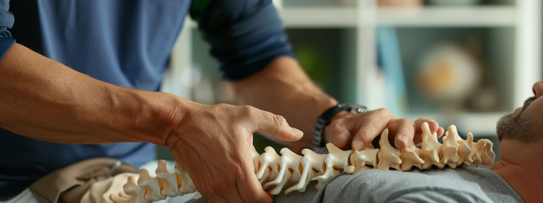 a chiropractor gently adjusting the spine of a patient, with focused precision and care.