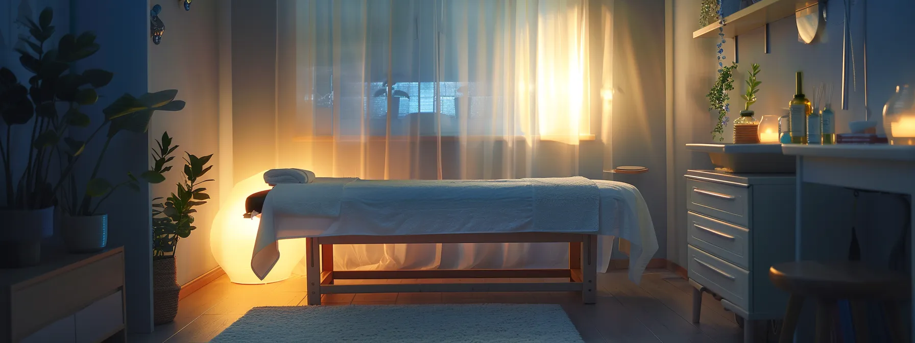 a serene room with a massage table beside a chiropractic adjustment table, complete with calming lighting and essential oils for a holistic healing experience.