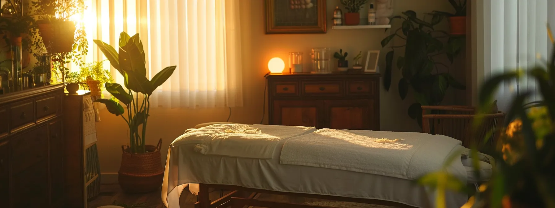 a serene room with a massage table, soft lighting, and calming decor, ready for a professional therapeutic massage appointment.