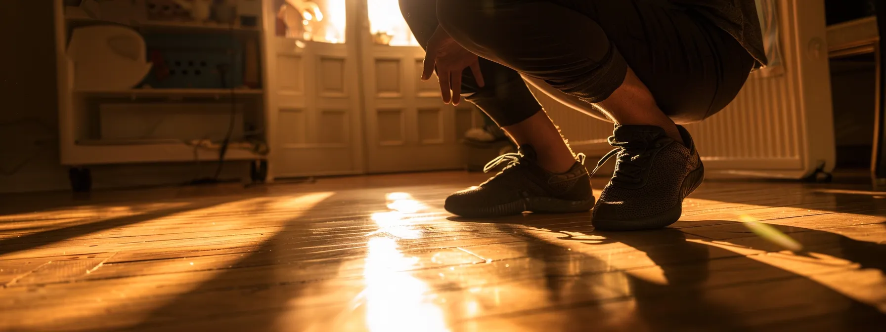 a person grimacing in pain while struggling to bend down to tie their shoe, highlighting the impact of persistent back pain on daily activities.