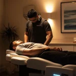 an athlete receiving a chiropractic adjustment on a massage table surrounded by soothing dimmed lights and calming ambiance.