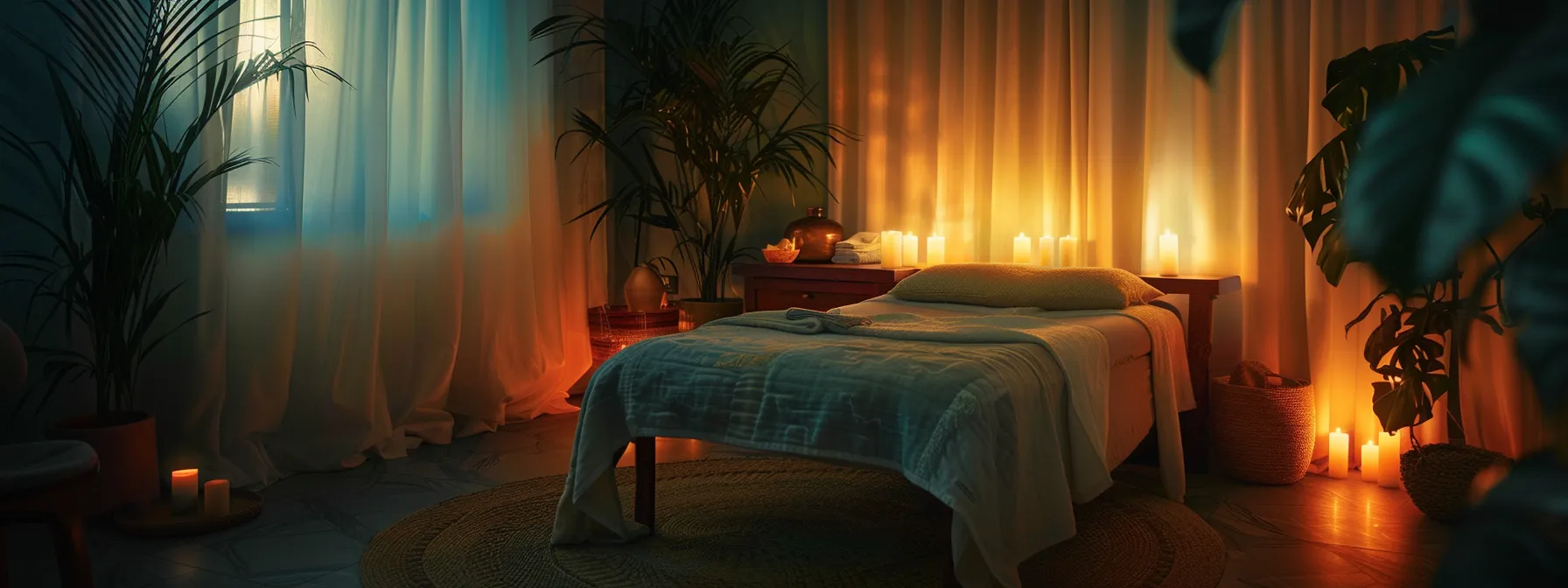 a serene massage room filled with soft candlelight and the sound of calming music, where a client lays relaxed on a cozy massage table, experiencing a transformative journey towards wellness.