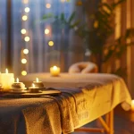 a tranquil spa room with a massage table surrounded by soothing candles and soft lighting.