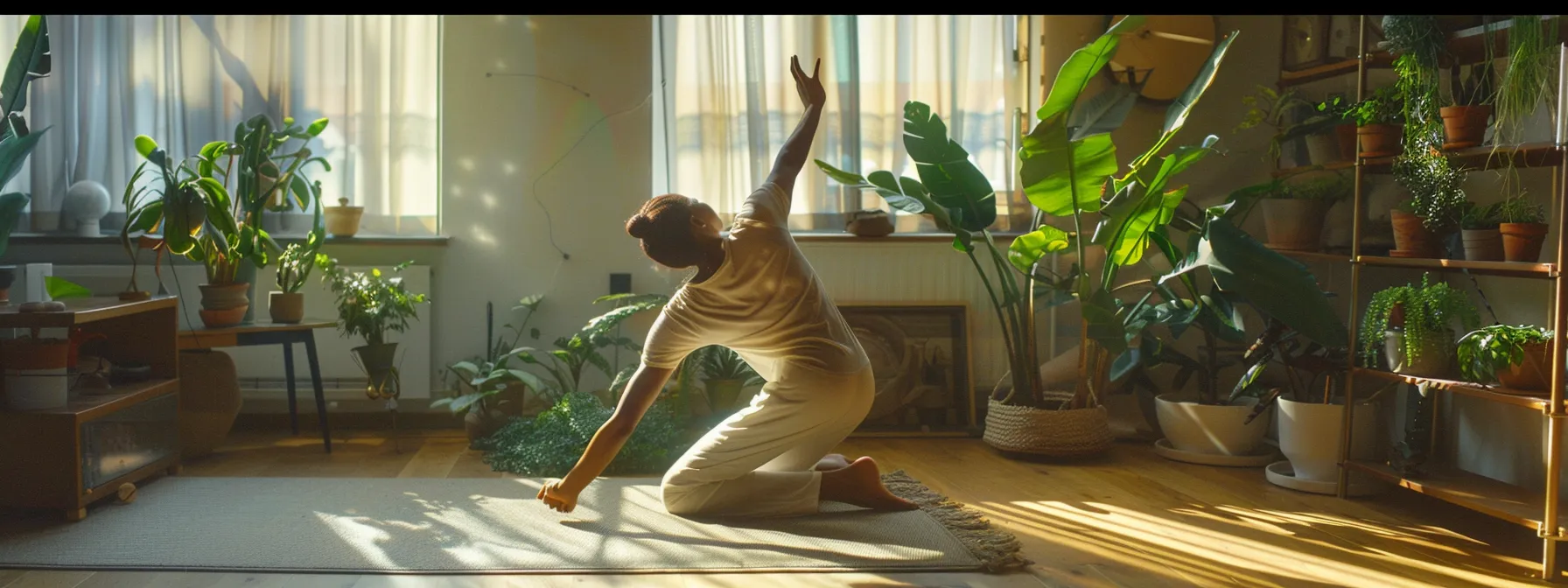 a person performing stretching exercises at home to support spinal health, surrounded by a tranquil and organized living space.