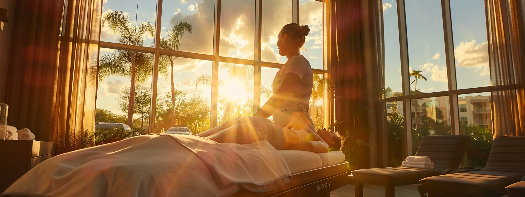 a serene setting with a massage therapist gently soothing a client's tense muscles, while a chiropractor adjusts the client's spine, creating a harmonious blend of relaxation and spinal health.