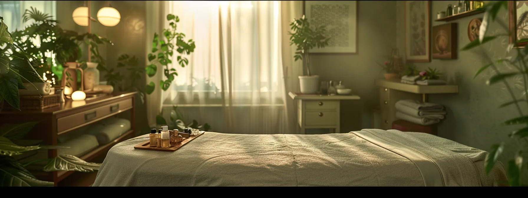 a serene massage room with a professional therapist preparing oils and tools for a deep tissue session.