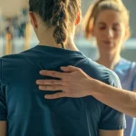 a chiropractor gently adjusting a patient's spine while a physical therapist guides them through rehabilitative exercises.