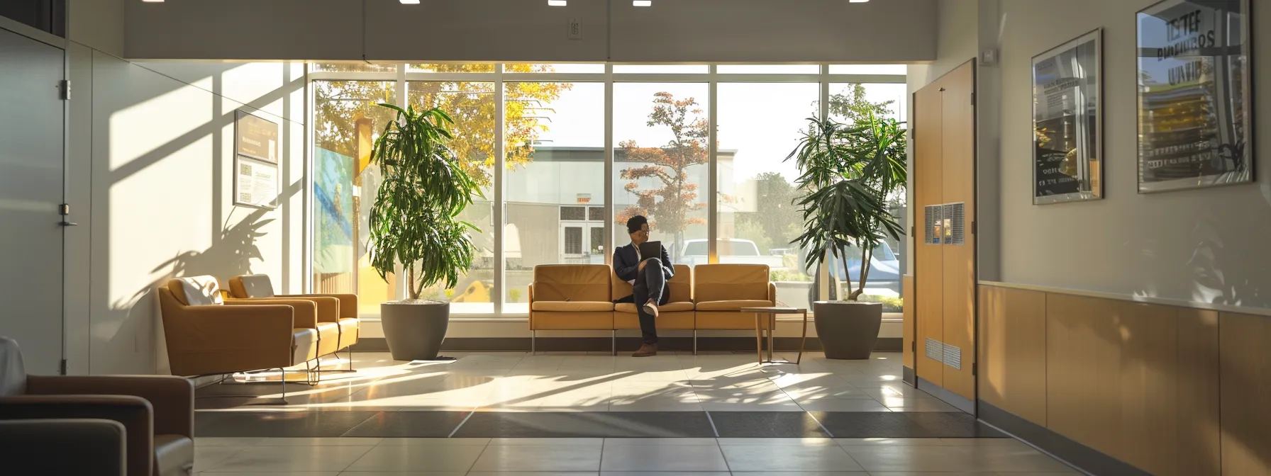 a person sitting in a modern waiting room, looking at a wall filled with positive patient testimonials and reviews about a chiropractor.