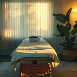 a serene room with a massage table and chiropractic equipment, bathed in soft lighting, creating a peaceful and holistic healing atmosphere.