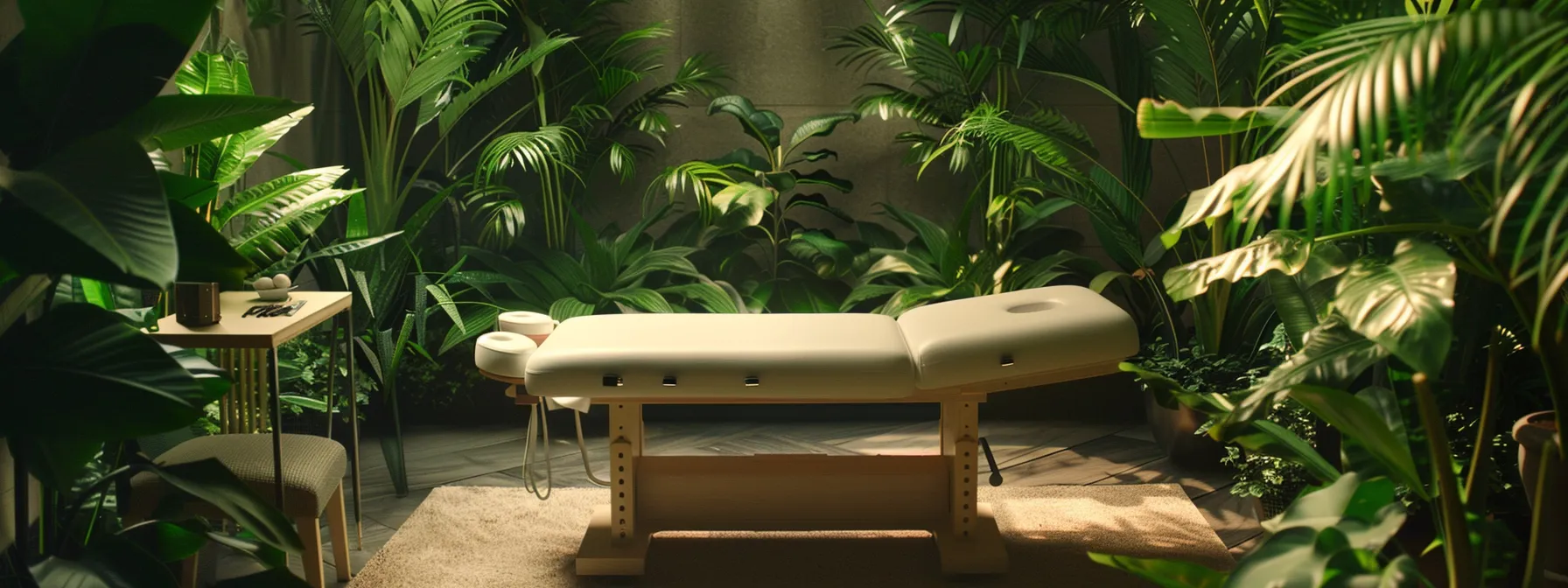 a serene setting with a massage table next to a chiropractic adjustment table, surrounded by lush green plants, symbolizing the fusion of natural healing therapies for pain relief and overall well-being.