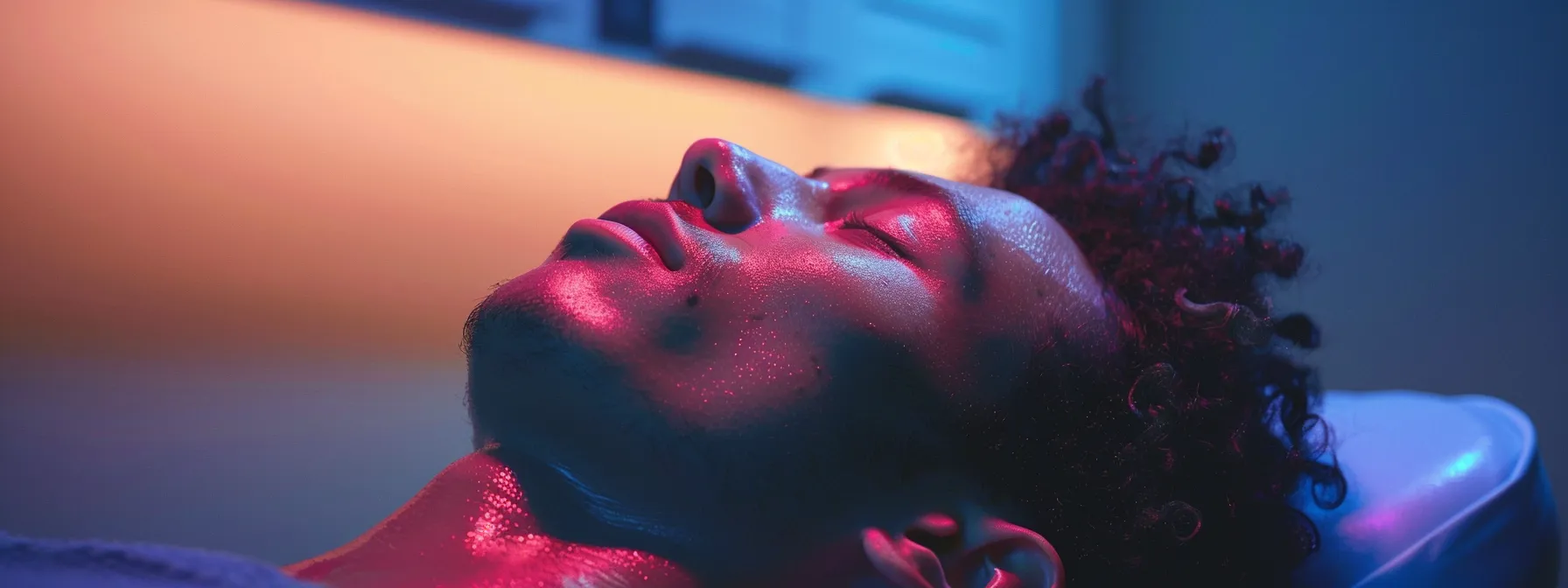 a person receiving personalized chiropractic therapy, surrounded by soothing colors and calm lighting, with a sense of relief and relaxation evident on their face.