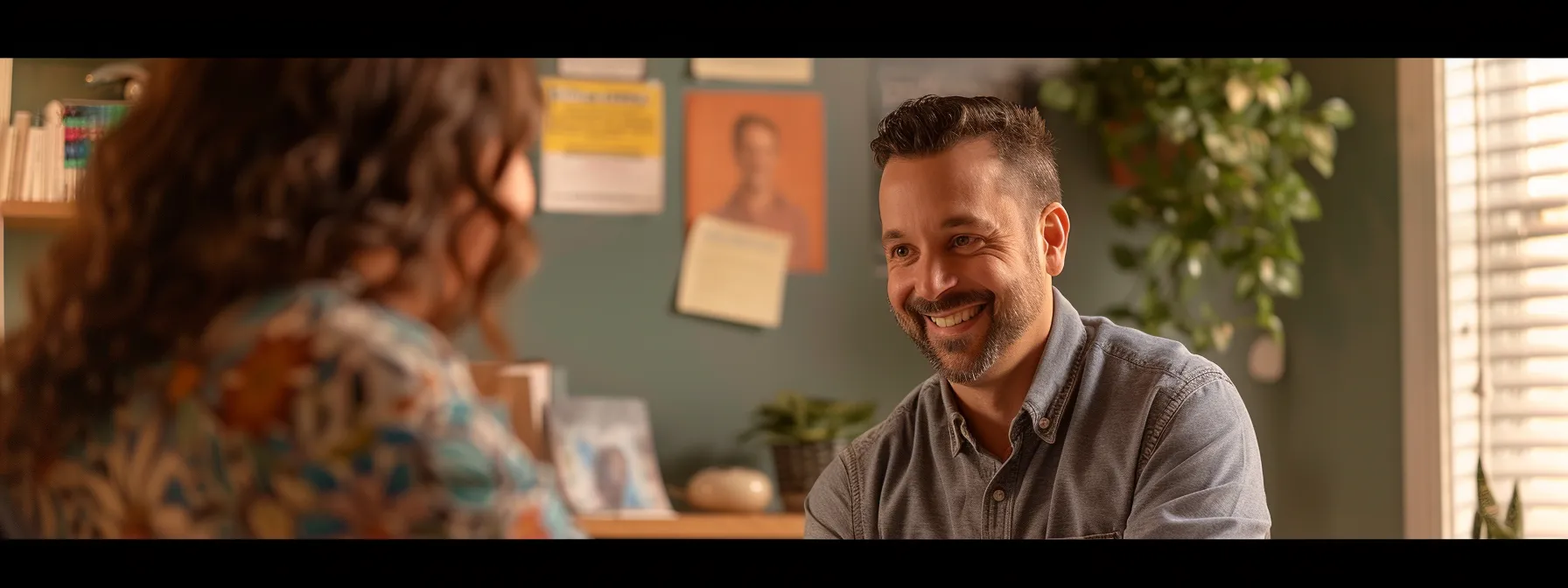 a chiropractor attentively listening to a patient's questions with a warm and reassuring smile, surrounded by informative pamphlets and educational materials.