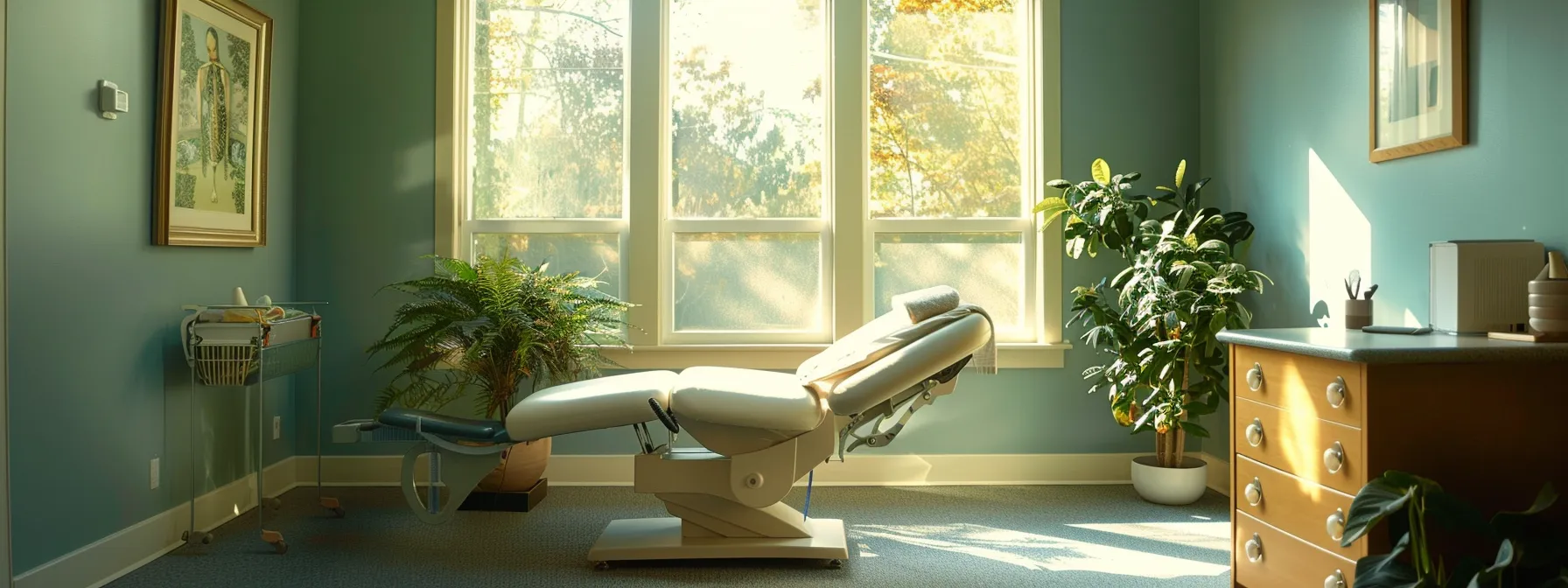 a tranquil room where a patient relaxes on a chiropractic table, surrounded by soothing colors and natural light filtering in through large windows.