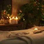 a serene image of a person lying on a massage table, with soothing candlelight and aromatic oils creating a tranquil atmosphere for a professional therapeutic massage.