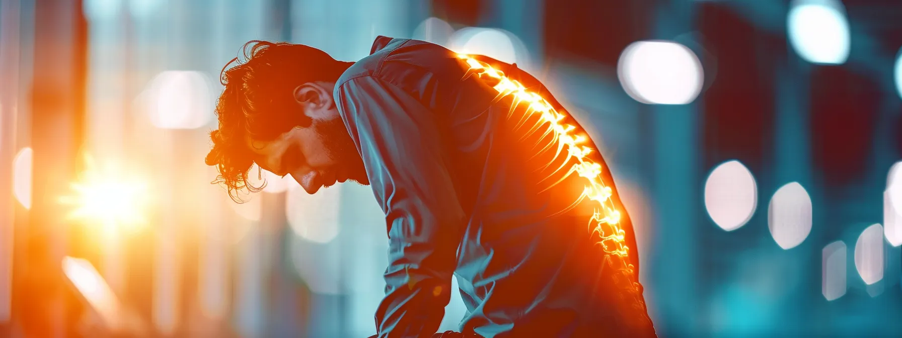 a person with poor posture hunched over, grimacing in discomfort, highlighting the impact of bad spinal health on back pain.