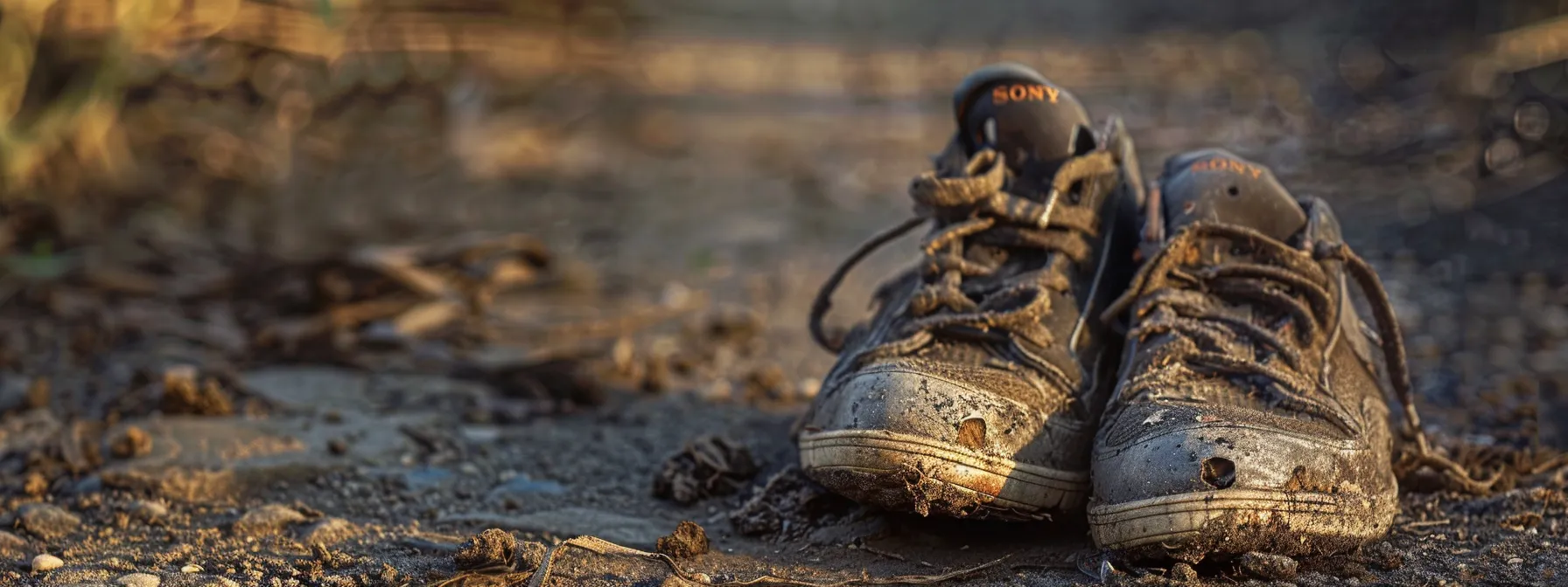 a pair of worn-out shoes with noticeably uneven soles, signaling potential postural issues and muscular imbalances.