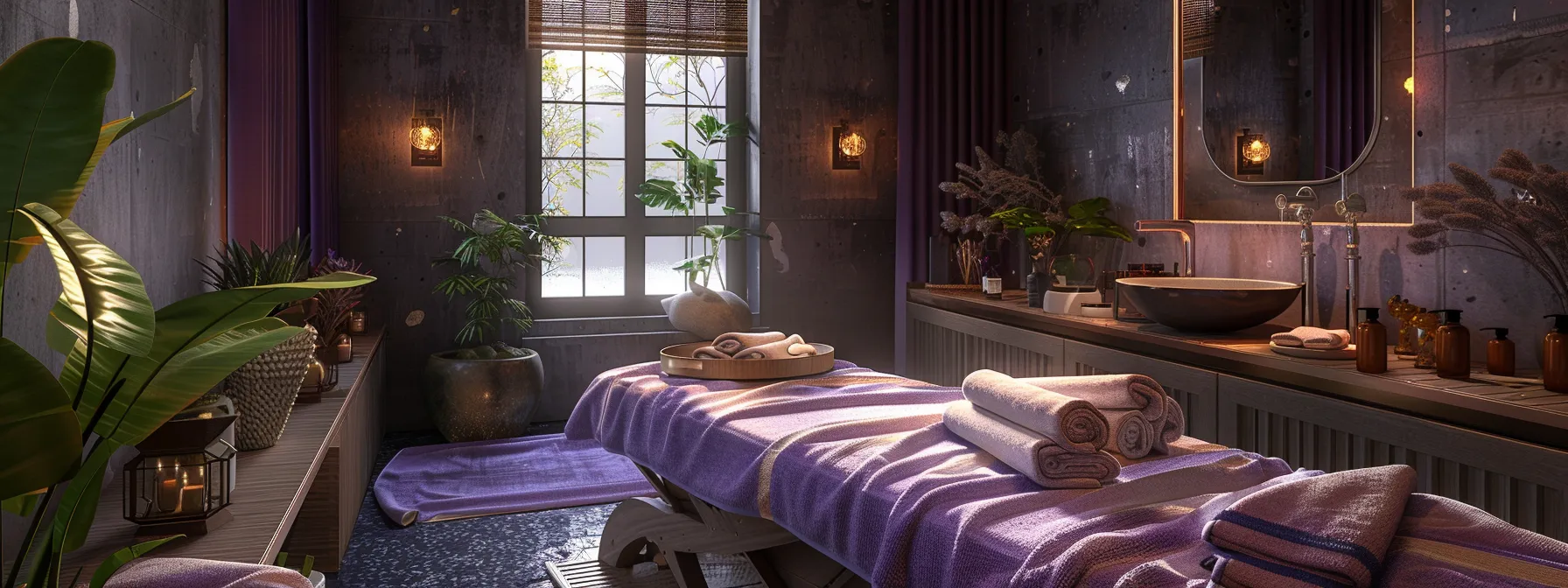 a serene spa room filled with soothing lavender scents, soft lighting, and a massage table adorned with plush towels and calming essential oils.