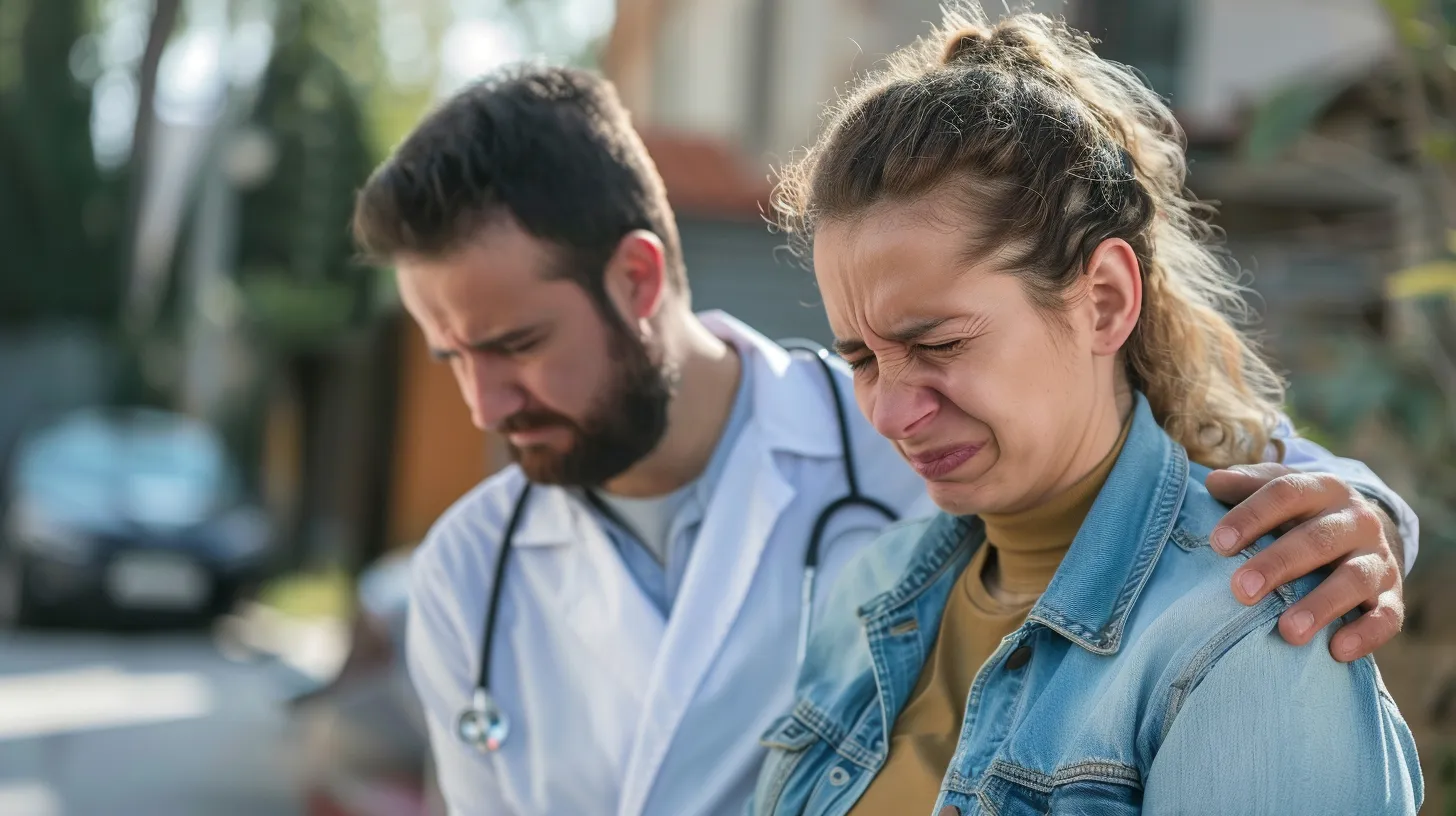 a person grimacing in pain while being carefully examined by a chiropractor after a car accident.