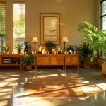 a serene, sunlit room filled with lush green plants and calming essential oil diffusers, setting the stage for a holistic healing experience at an atlanta chiropractic wellness center.