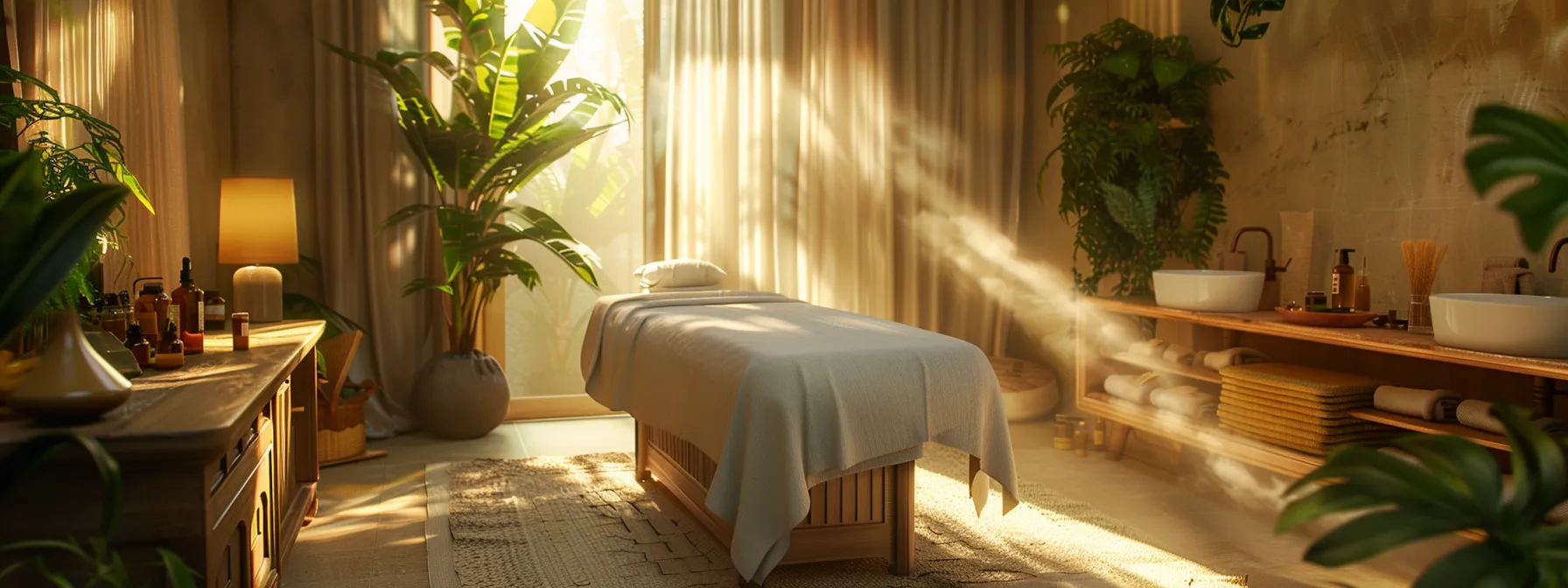 a serene room with a massage table set with essential oils and calming music, creating a peaceful environment for integrating massage therapy into your wellness routine.