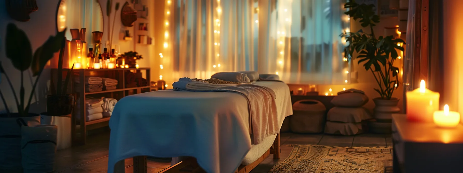 a serene room with soft lighting and calming decor, a massage table in the center surrounded by soothing essential oils and peaceful music playing.