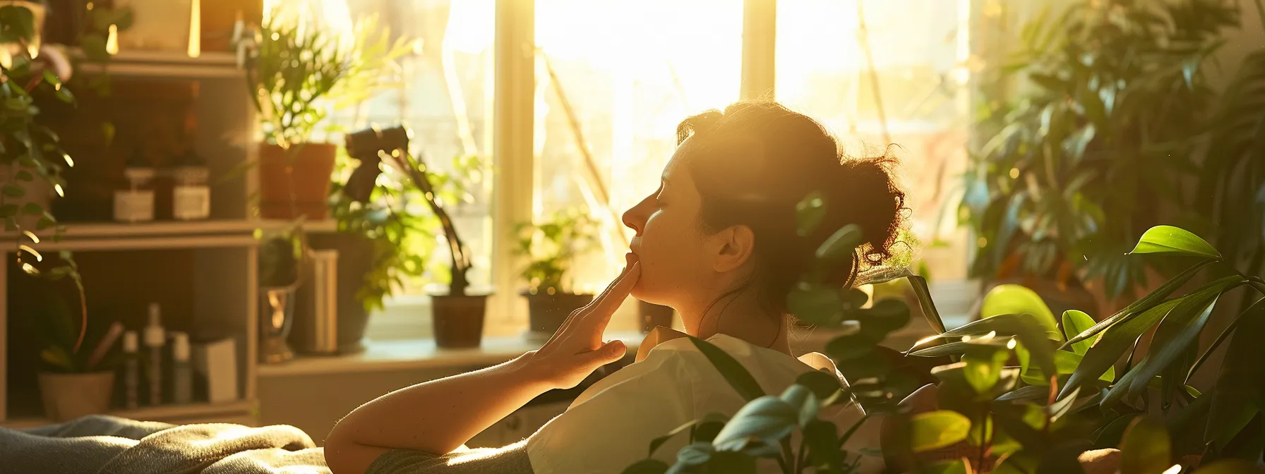 a person receiving a chiropractic adjustment in a serene, sunlit room with calming decor, surrounded by natural elements like plants and soothing music playing in the background.