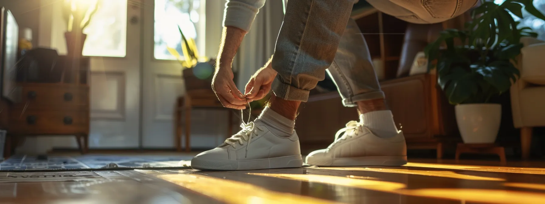 a patient effortlessly reaches down to tie their shoes after chiropractic care, showcasing restored flexibility and ease of movement.