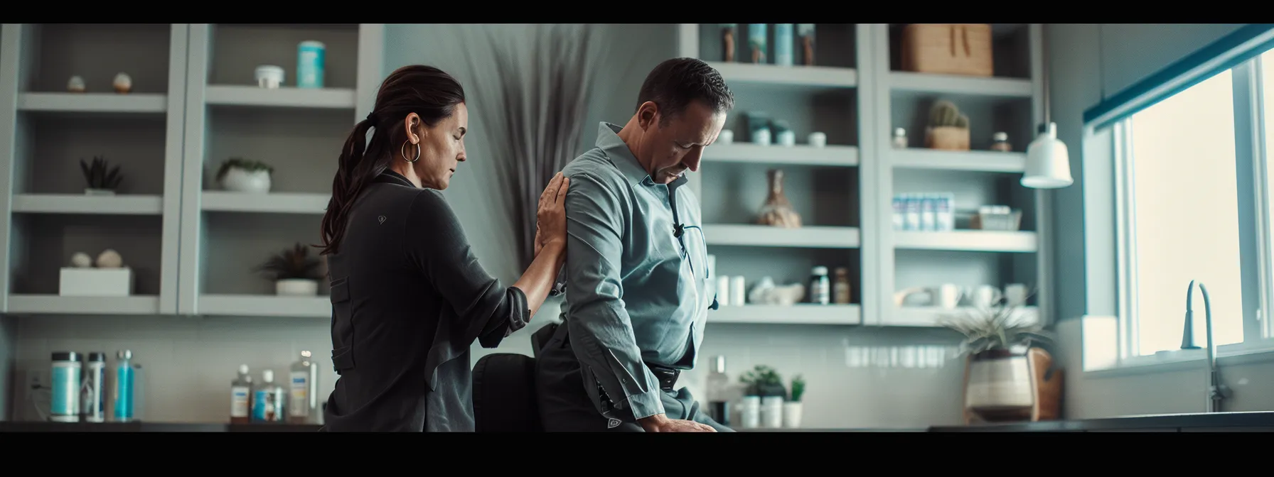 a chiropractor adjusting a patient's spine while discussing nutrition and exercise options in a modern clinic setting.