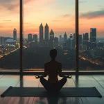 a person in a peaceful yoga pose receiving a chiropractic adjustment with a backdrop of the atlanta skyline.