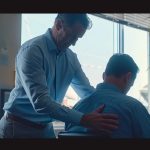 a chiropractor gently adjusting a patient's spine, providing relief from back pain in a modern and soothing office setting.