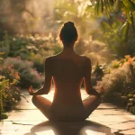 a serene woman meditating in a lush garden, embodying holistic wellness and stress relief.