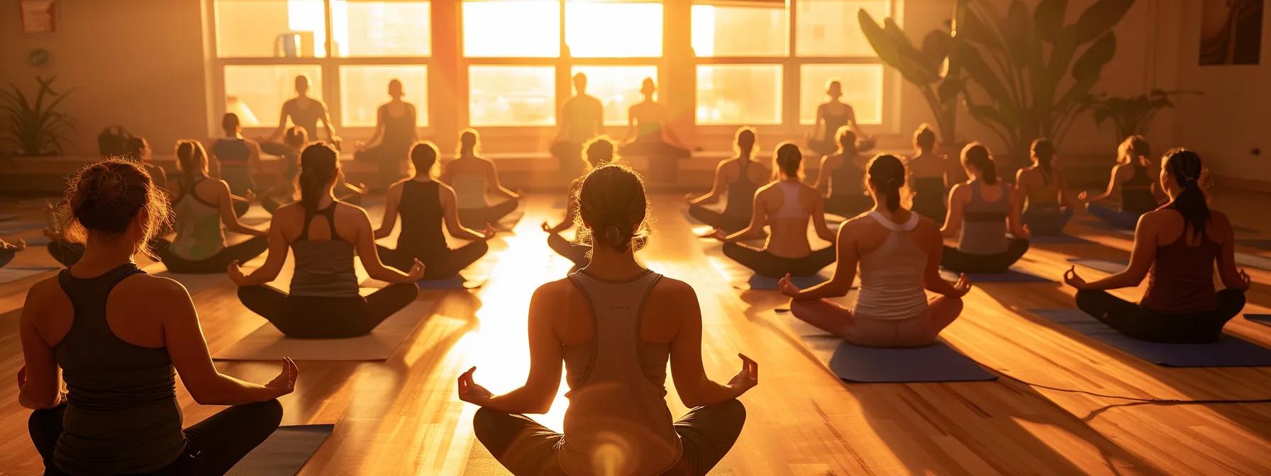 a serene yoga class in a sunlit studio, filled with diverse participants embracing wellness and community at any spine chiropractic & massage studio.