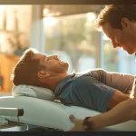 a chiropractor adjusting an athlete's injured back on a treatment table in a modern clinic setting.