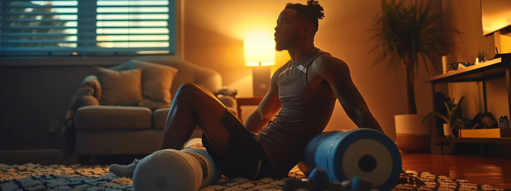 a dedicated athlete using a foam roller at home, surrounded by various massage tools, showcasing commitment to self-care and muscle recovery.