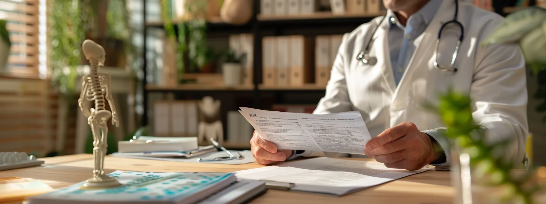 a person sitting at a desk with medical records and a list of questions, dressed for a physical assessment, preparing for their chiropractic appointment.