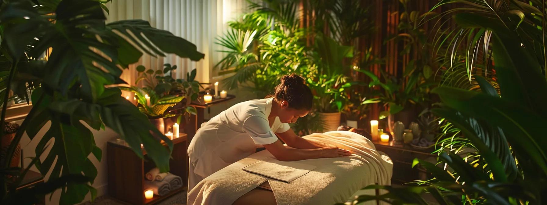 a serene wellness retreat, with a chiropractor working on a patient's arm while surrounded by vibrant green plants and soothing aromatherapy candles.