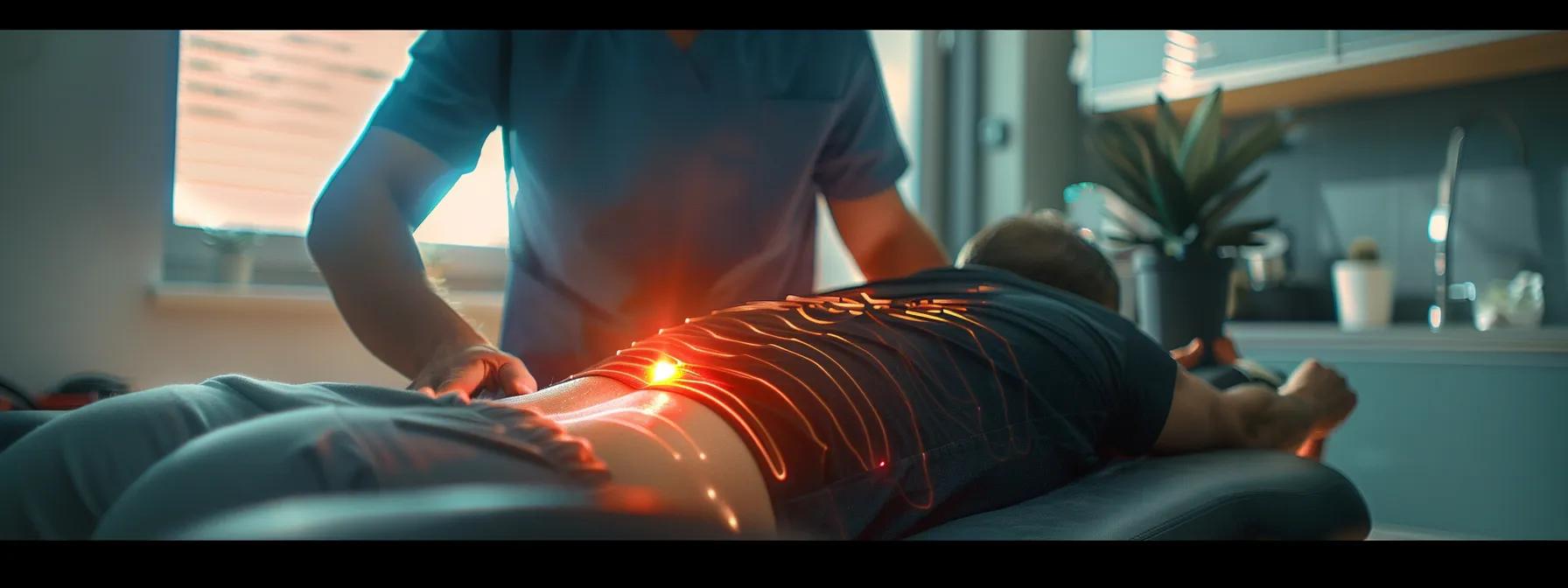 a chiropractor performing a laser treatment on a patient's back, highlighting the gentle but effective non-surgical approach to relieving back pain.