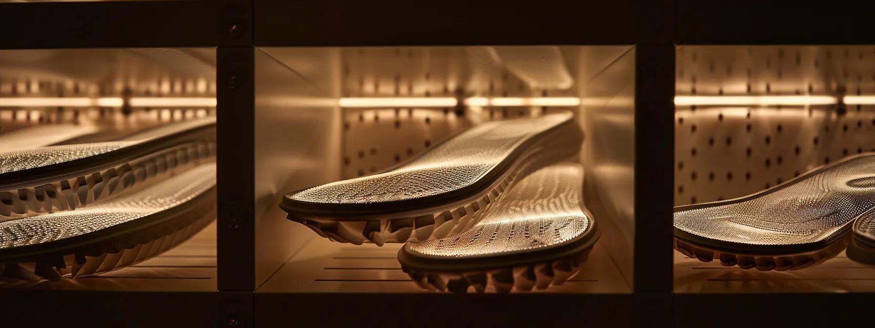 a pair of clean, well-maintained foot support insoles neatly stored in a shoe rack.